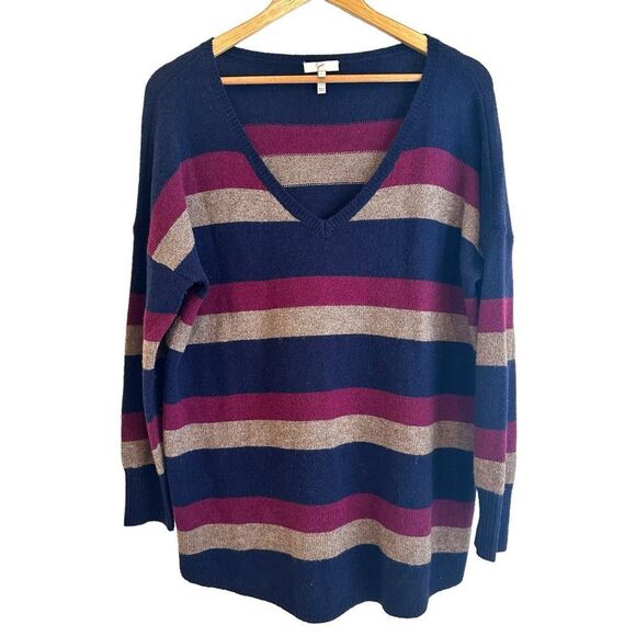 Joie Navy, Maroon, Tan Striped Wool Blend V-Neck Sweater Size Large - Picture 1 of 6